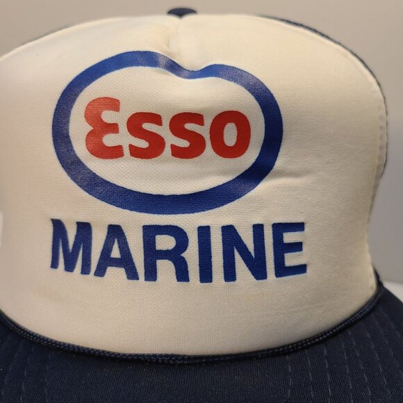 Vintage 90s Trucker Hat Esso Marine Screen Printed Foam/ Mesh Adjustable Hat - Picture 2 of 8